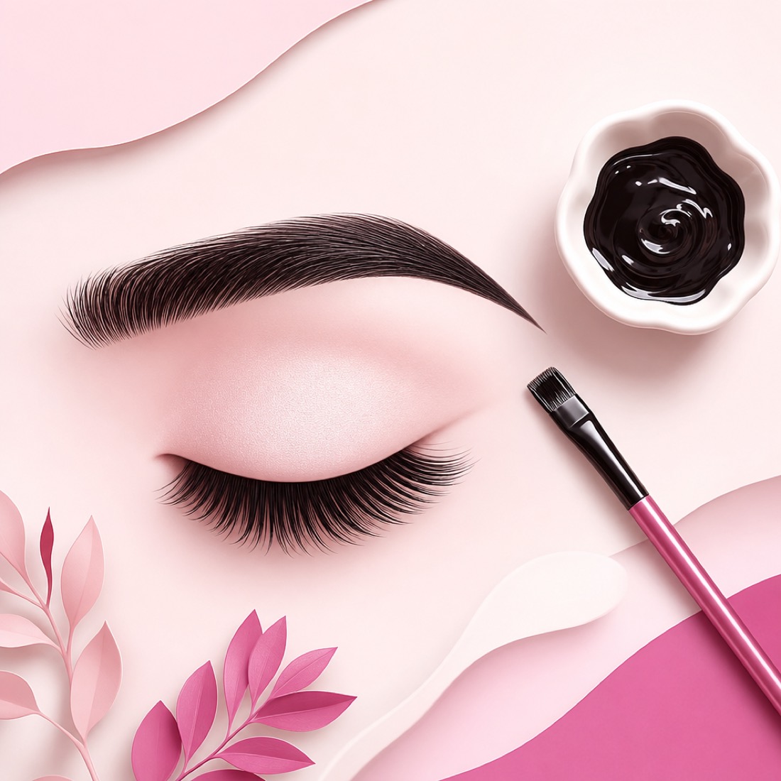 A groomed brow and tinted lashes with a tint brush and dish