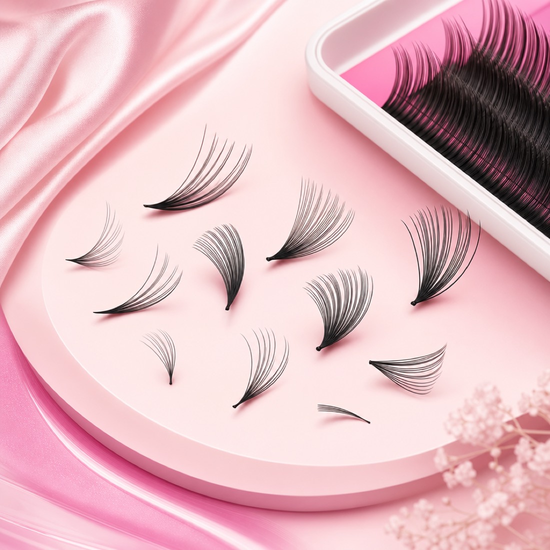 Classic individual lash extensions fanned on a pink tray
