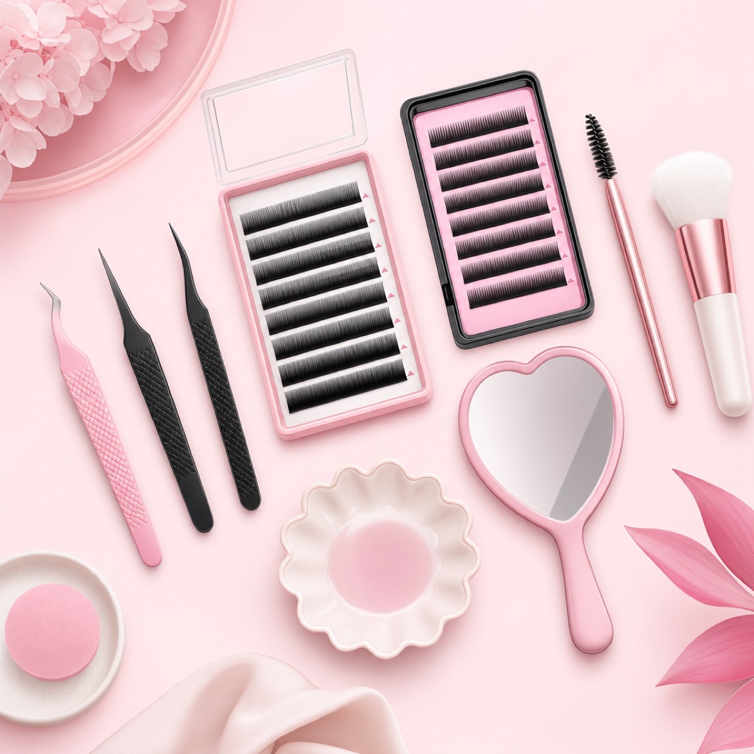 Lash artist tools laid out for a lash fill appointment