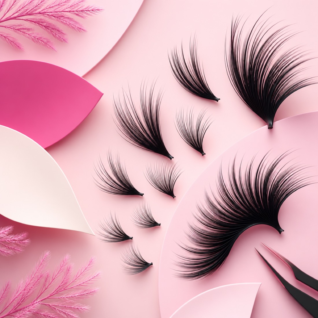 Dramatic volume lash fans on a blush pink background